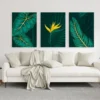 Set of 3 Green Flowers Wall Art Wooden Frames | Sticky Photo Tiles for Home Decoration