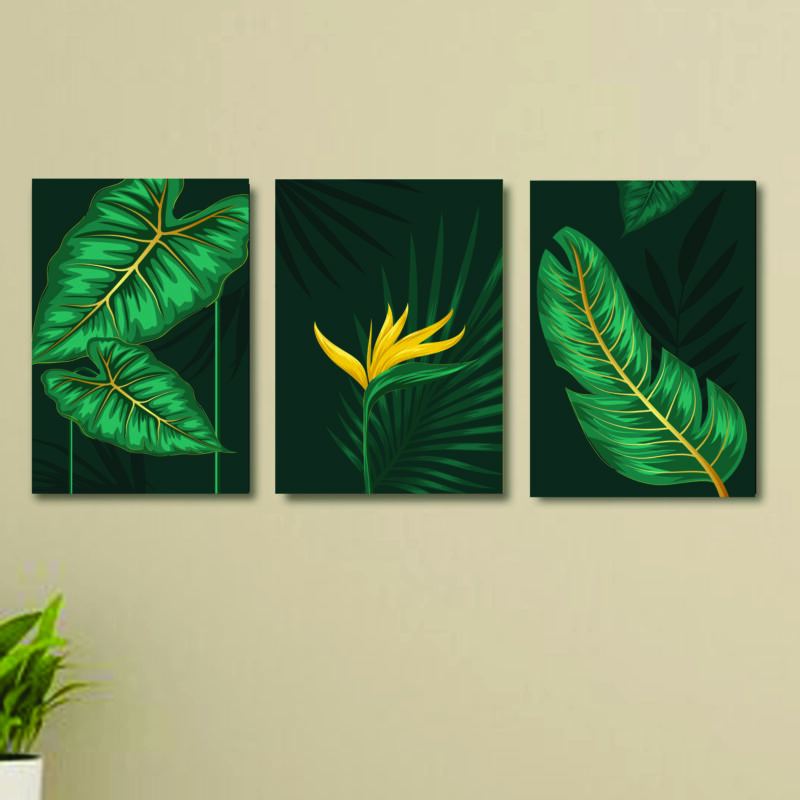 Set of 3 Green Flowers Wall Art Wooden Frames | Sticky Photo Tiles for Home Decoration - Image 2
