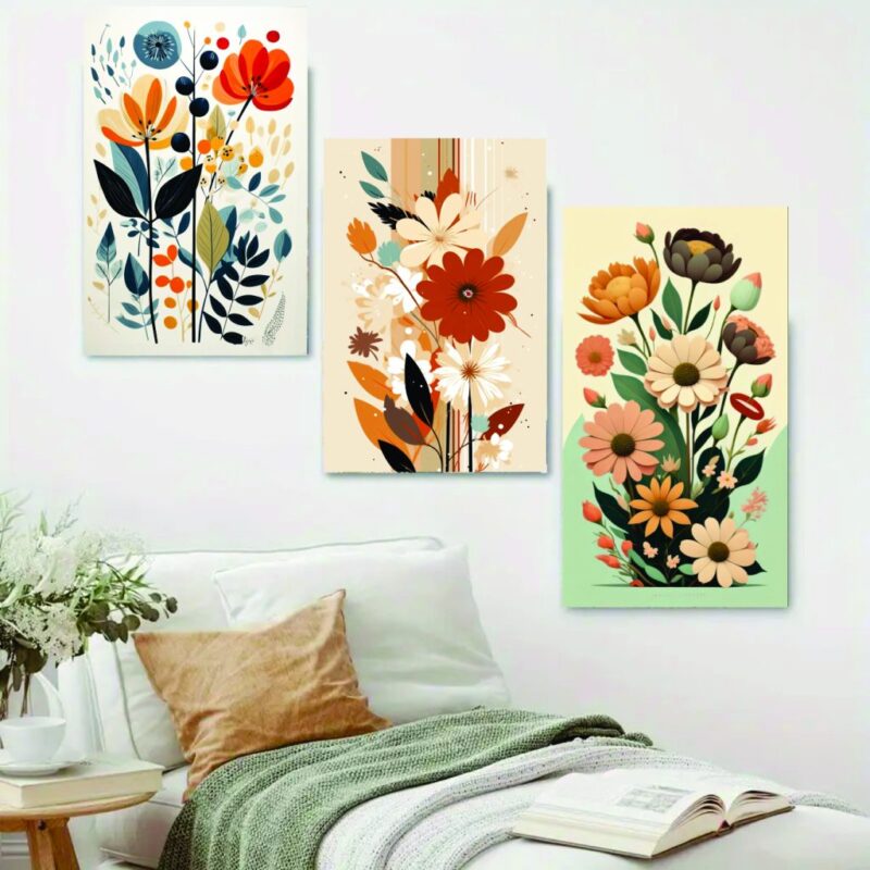 Set of 3 Flower Sticky Canvas Photo Tiles | 8×11 Inch Wall Decor for Home, Bedroom & Living Room
